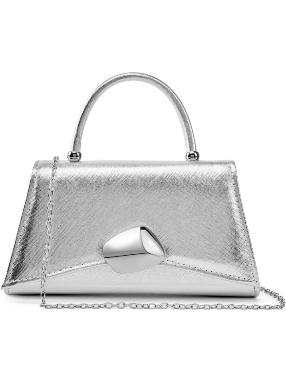 Women's Silver PU Leather Top Handle Clutch Clasp Evening Party Handbag